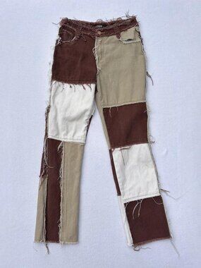 Jaded London Boyfriend Fit Frayed Denim Patchwork Brown White Cream Jeans Sz 25